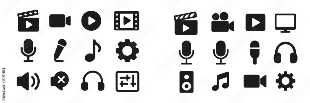 Poster Collection of black icons representing multimedia elements and audio video equipment arranged in a grid pattern