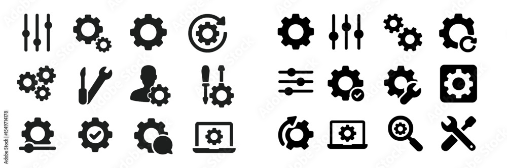 Poster Collection of gear and wrench icons representing various tools and settings commonly used in technology and mechanics