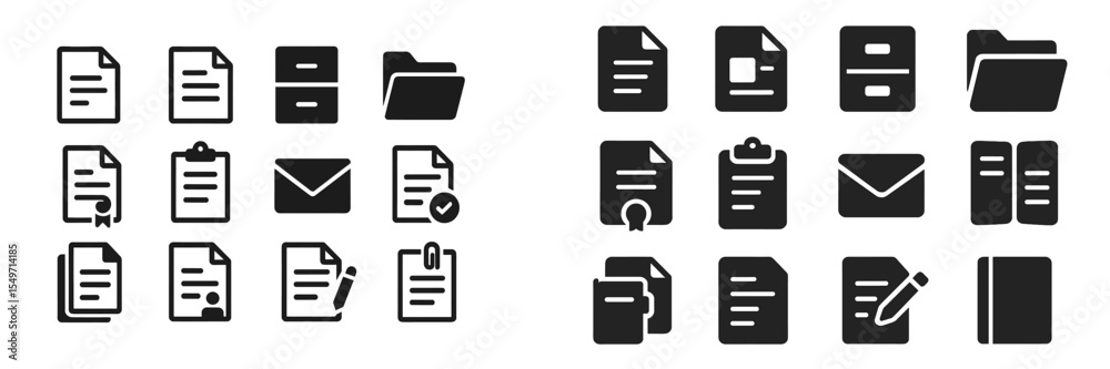 Poster Collection of simple black and white document icons representing various office activities and tasks for digital applications