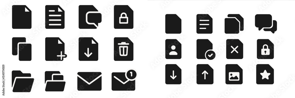 Poster various black icons representing file management activities and communication tools in a digital wor