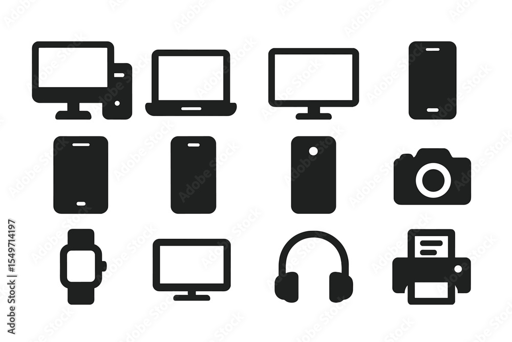 Aufkleber Black icons of various electronic devices displayed in a grid format showcasing modern technology and communication tools