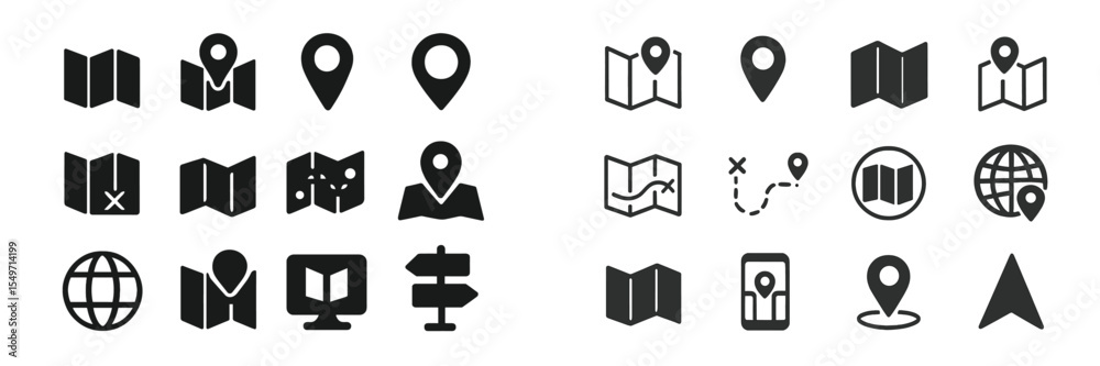 Poster Collection of black map icons representing navigation, location, and travel from various angles and styles
