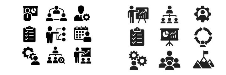Icons representing business management and teamwork in a minimalistic design with a focus on analytics and collaboration