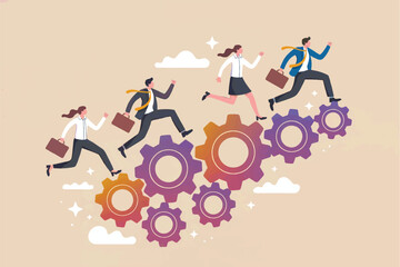 Business people running on gears isolated on transparent background