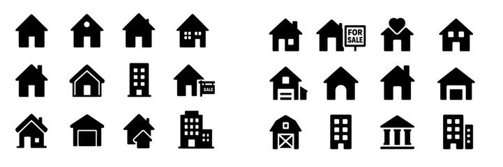 Fototapeta premium Collection of various house icons representing different residential styles and sale options in a minimalist design