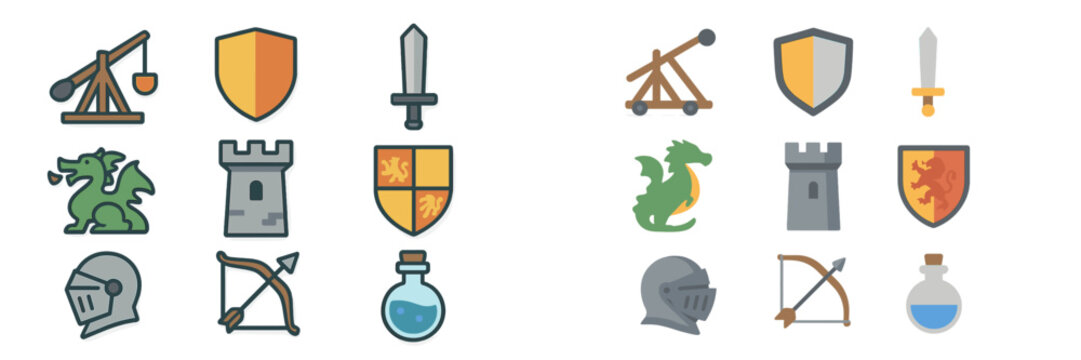 Collection of medieval icons featuring weapons, shields, dragons, and siege machinery in a colorful design suitable for games or illustrations