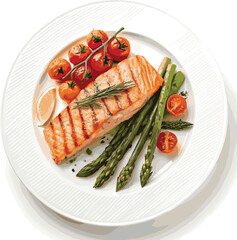 Grilled salmon steak with roasted vegetables and a fresh salad, a healthy and delicious meal