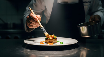 Chef plating gourmet dish, in restaurant kitchen, culinary excellence, food preparation, culinary artistry