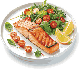 Grilled salmon steak with lemon and dill served as a healthy dinner