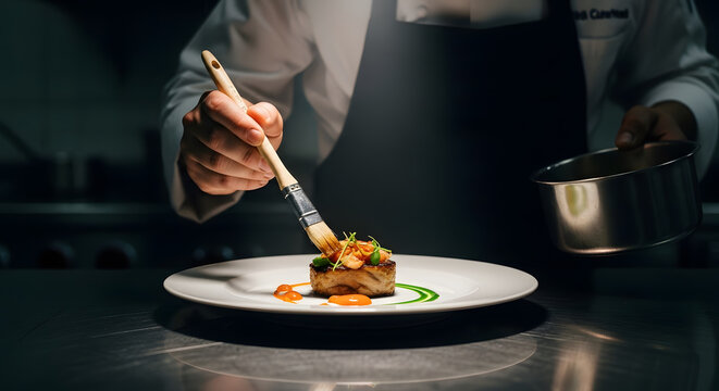 Chef plating gourmet dish, in restaurant kitchen, culinary excellence, food preparation, culinary artistry