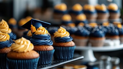 A display of delightful graduation-themed cupcakes topped with blue and gold frosting represents celebration, achievements, and the joy of accomplishment in a vibrant setting.