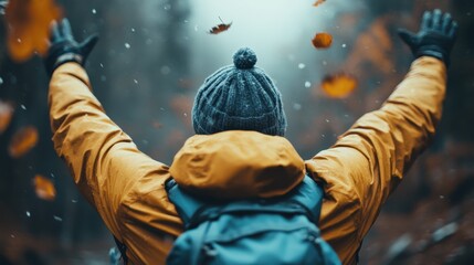 An adventurer dressed in an orange jacket spreads arms wide amidst falling leaves in a forest, capturing the essence of freedom, adventure, and the beauty of nature in autumn.