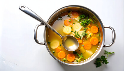 Overhead view of simmering pot with ladle, carrot, potato, parsley, and vegetable broth on white backgroundmeal preparation soup pot ladle
