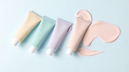 Pastel colored cosmetic tubes with product smears on a soft blue background offer options for skincare or makeup