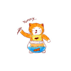 cute cat want to eat fish from fish bowl illustration