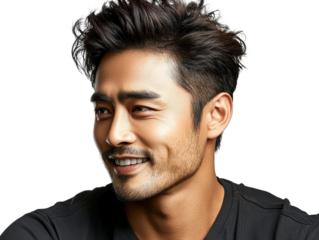 Smiling Young Man with Short Hair and Dark Stubble in Black Shirt Against a Light Background, Expressing Confidence and Warmth