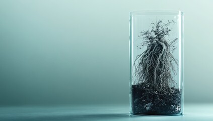 A small tree's roots in a clear glass cylinder