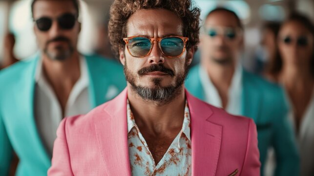 A group of stylish individuals dressed in vibrant summer outfits, showcasing confidence and style against a lively background, representing modern fashion and social dynamics.