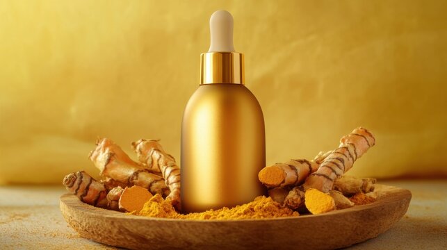 Golden turmeric oil elixir for holistic wellness with anti inflammatory benefits on a rustic plate