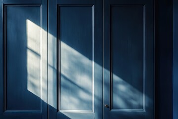 Dark blue wardrobe doors, sunlit shadows