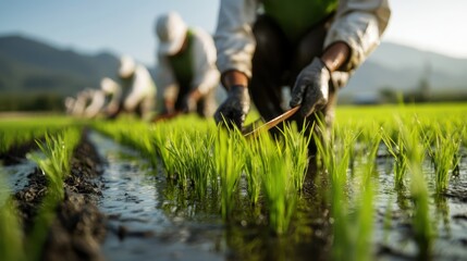 Farmers diligently cultivate young rice plants in flooded fields, showcasing hard work, dedication, and the beauty of agricultural practices in a picturesque landscape.