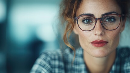 A contemplative close-up of a woman with glasses, her expressive gaze reflecting depth and introspection, illuminated beautifully by soft natural light in the background.