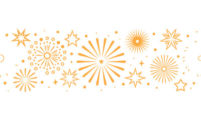 A vibrant horizontal border of orange abstract starbursts and circles creating a festive celebratory pattern isolated on white background