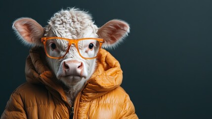 A whimsical calf wearing orange glasses and a stylish jacket presents a humorous yet serious demeanor, blending charm and fashion in an unexpectedly playful manner.