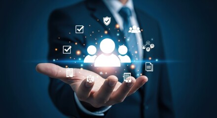 Photo of a businessmans hand shows a glowing holographic icon of three people representing teamwork, collaboration, and community