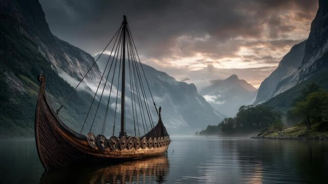 Majestic viking ship sails on calm waters surrounded by towering mountains