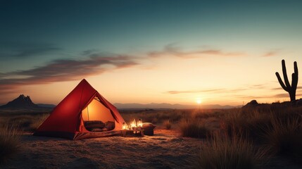 A vibrant sunset casts a warm glow over a camping scene in the desert, featuring a red tent with lanterns and distant mountains creating a serene atmosphere.