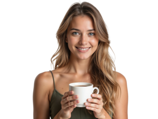 Beautiful young woman holding coffee cup isolated on transparent background