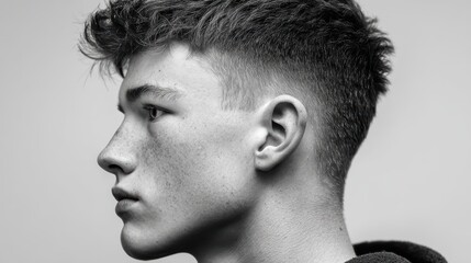 Ivy league haircut with side-swept bangs and neat taper