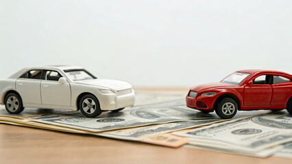 Toy cars on stack of dollar bills symbolize financial decisions in car buying or insurance