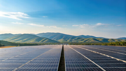 Vast solar farm with rows of solar panels under clear blue sky, surrounded by green hills and mountains, showcasing renewable energy