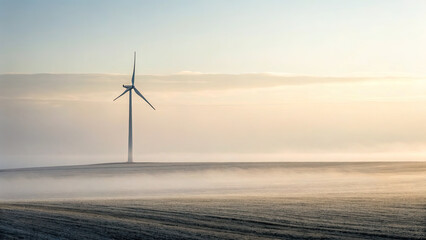 Single wind turbine stands tall on misty field during sunrise, symbolizing renewable energy and sustainability in serene landscape