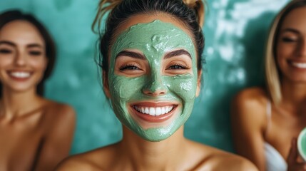 A joyful woman displays a bright smile while wearing a vibrant green face mask, surrounded by her friends, highlighting a moment of self-care and beauty relaxation together.