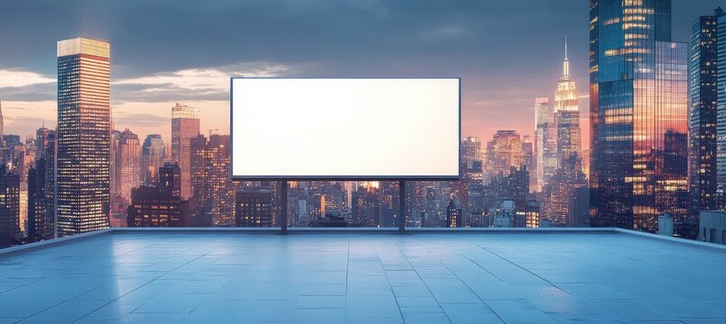 Empty billboard on a rooftop overlooking a city at twilight - Powered by Adobe