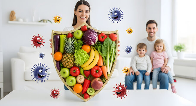 Family holding shield of fruits and vegetables, protecting from germs, healthy lifestyle, immunity boosting, disease prevention, wellness concept - Powered by Adobe