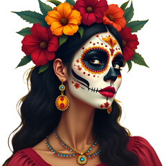 illustration of awoman on the dia de los muertos, isolated, png,  Dia dos Mortos,Day of the Dead, png