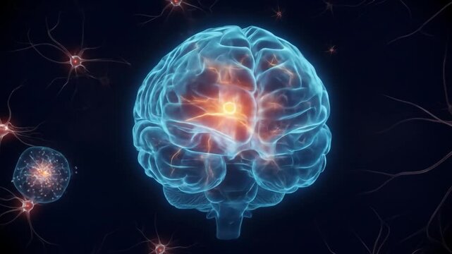Glowing 3D brain in cool blue hue with animated neural pathways on dark background for AI concept