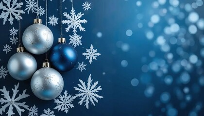 Christmas ornaments and snowflakes hang against a blue background
