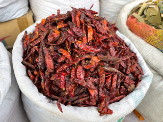 dried red hot chili peppers at market