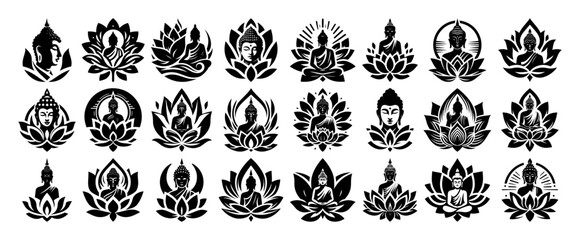 buddha and lotus flower vector icons set – spiritual tattoo style illustrations