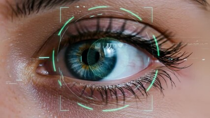 Extreme close-up of human eye with biometric scanning overlay and glowing blue highlights - Powered by Adobe