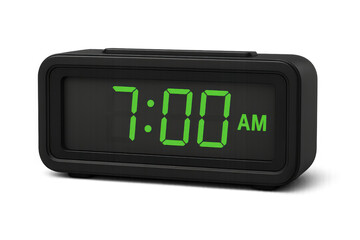 Digital alarm clock displaying 7:00 am, transparent background, highlighting time management and scheduling precision