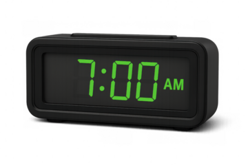 Digital alarm clock displaying 7:00 am, transparent background, highlighting time management and scheduling precision