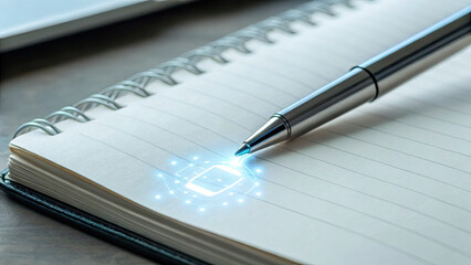 Futuristic pen with glowing digital icon on notebook page, symbolizing innovation and technology in writing tools