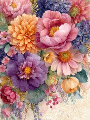 A vibrant bouquet featuring a stunning selection of flowers, including peonies, dahlias, and wildflowers in shades of pink, orange, and purple, creating a colorful, harmonious arra