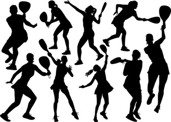 a set of silhouettes of padel players girls vector illustration